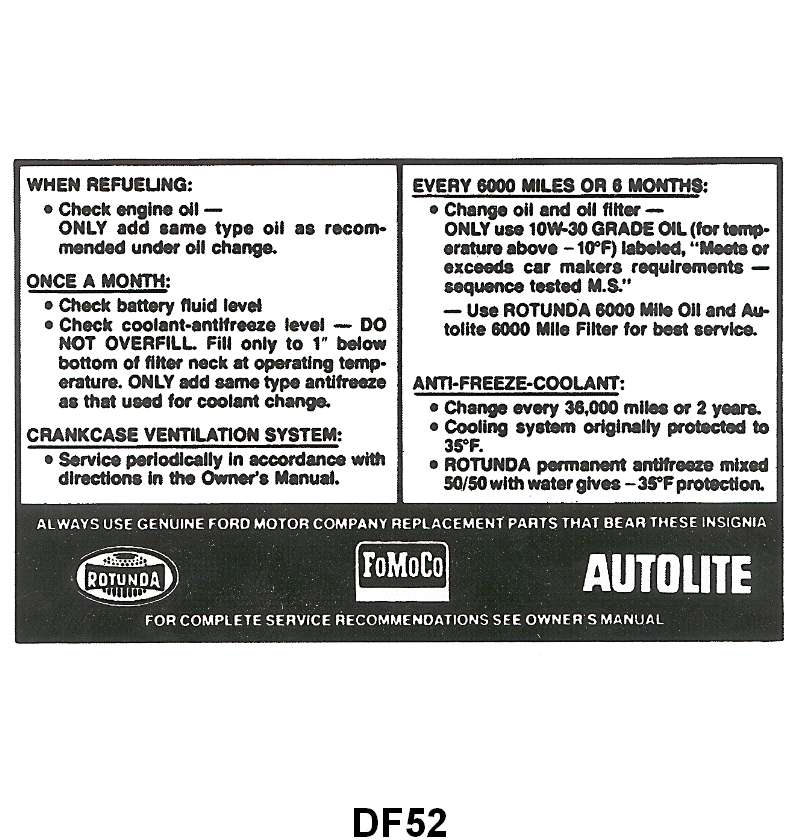 SERVICE SPECIFICATION DECAL - 67-69 ALL PASS, 67-69 F-100/F-350