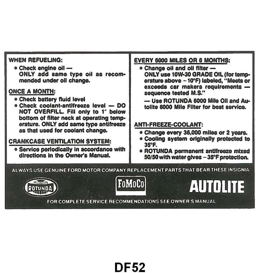 SERVICE SPECIFICATION DECAL - 67-69 ALL PASS, 67-69 F-100/F-350