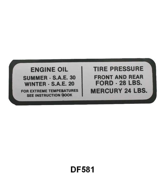 GLOVE BOX TIRE PRESSURE & OIL DECAL - 41 PASSENGER