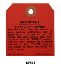 RADIO INSTRUCTION TAG - 37-39 PASS WITH ROOF ANTENNA