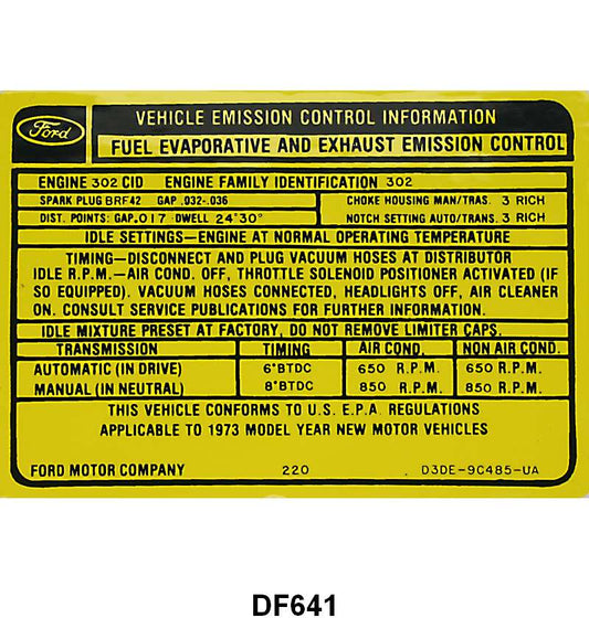EMISSION DECAL - 73 F-100 302-2V AT/MT