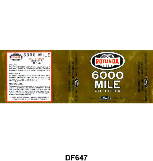 OIL FILTER DECAL - 65-66 ALL PASS, F-100/F-350, GOLD "ROTUNDA 6000 MILE"