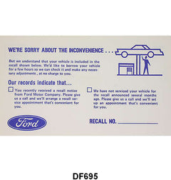 FORD RECALL POSTCARD - 67-70 ALL PASS