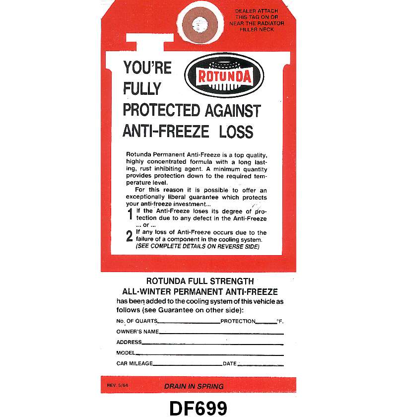 ANTI-FREEZE TAG - 64-66 ALL PASS 64-66 F-100/F-350