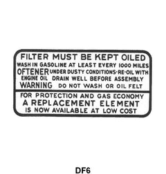 AIR CLEANER DECAL - 39-41 PASS/MERC/PICK UP, DRY TYPE