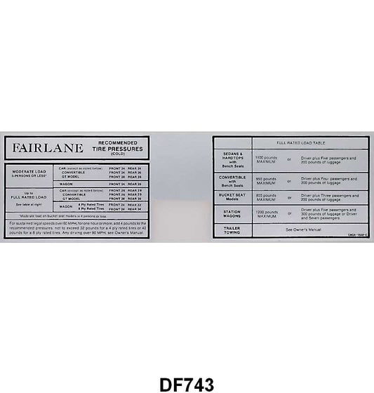 GLOVE BOX TIRE PRESSURE DECAL - 66 FAIRLANE