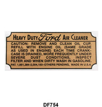 AIR CLEANER DECAL - 37-48 PASS, 39-48 MERC, 37-47 PU, HEAVY DUTY OIL BATH