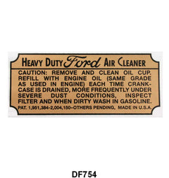 AIR CLEANER DECAL - 37-48 PASS, 39-48 MERC, 37-47 PU, HEAVY DUTY OIL BATH