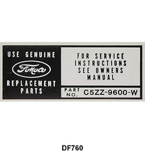 SERVICE INSTRUCTION DECAL FOR AIR CLEANER - 65-66 MUSTANG, 6 CYL
