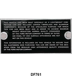 LIGHTWEIGHT GLOVE BOX METAL TAG - 63-64 GALAXIE, 64 FAIRLANE