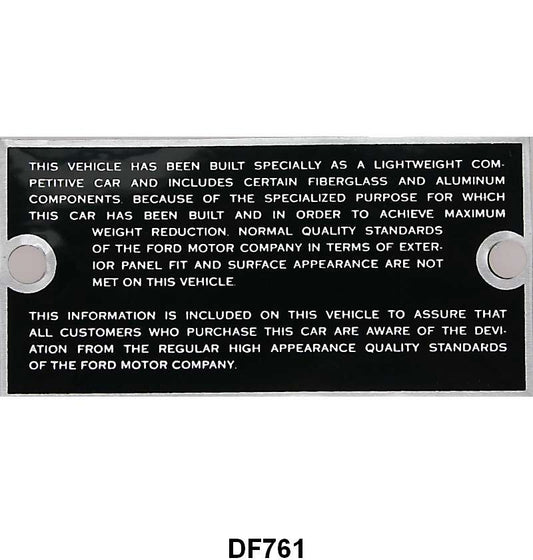 LIGHTWEIGHT GLOVE BOX METAL TAG - 63-64 GALAXIE, 64 FAIRLANE