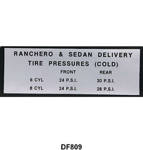GLOVE BOX TIRE PRESSURE DECAL - 63-65 RANCHERO, SEDAN DELIVERY