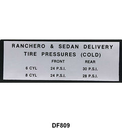 GLOVE BOX TIRE PRESSURE DECAL - 63-65 RANCHERO, SEDAN DELIVERY