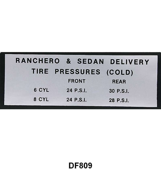 GLOVE BOX TIRE PRESSURE DECAL - 63-65 RANCHERO, SEDAN DELIVERY