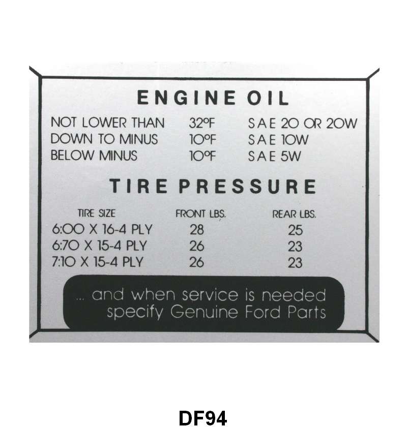 GLOVE BOX TIRE PRESSURE & OIL DECAL - 52-56 PASSENGER