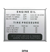 GLOVE BOX TIRE PRESSURE & OIL DECAL - 52-56 PASSENGER