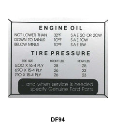 GLOVE BOX TIRE PRESSURE & OIL DECAL - 52-56 PASSENGER