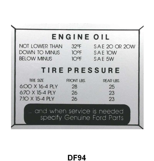 GLOVE BOX TIRE PRESSURE & OIL DECAL - 52-56 PASSENGER
