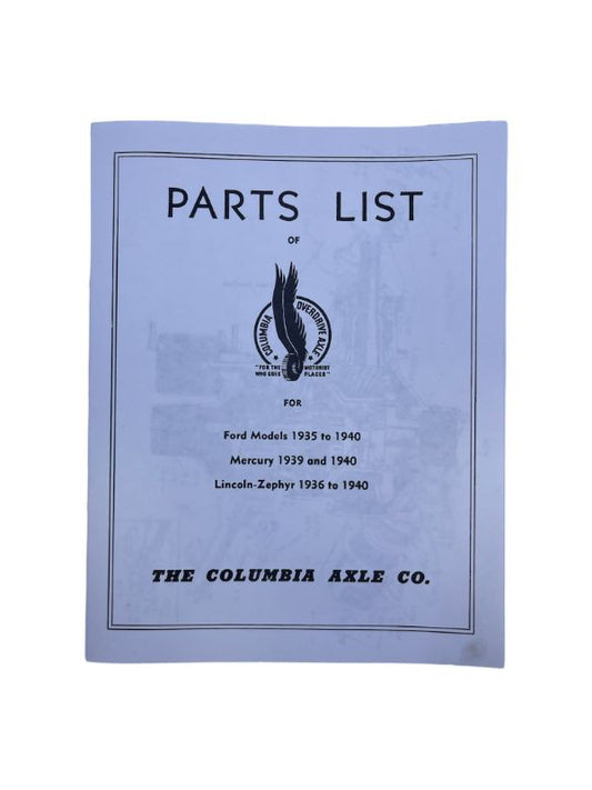 COLUMBIA AXLE PARTS LIST - 35-40 PASS, 40 MERC