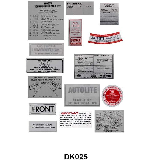 DECAL KIT - 65 MUSTANG, 15 pieces, NO AIR CLEANER ENGINE SIZE DECAL