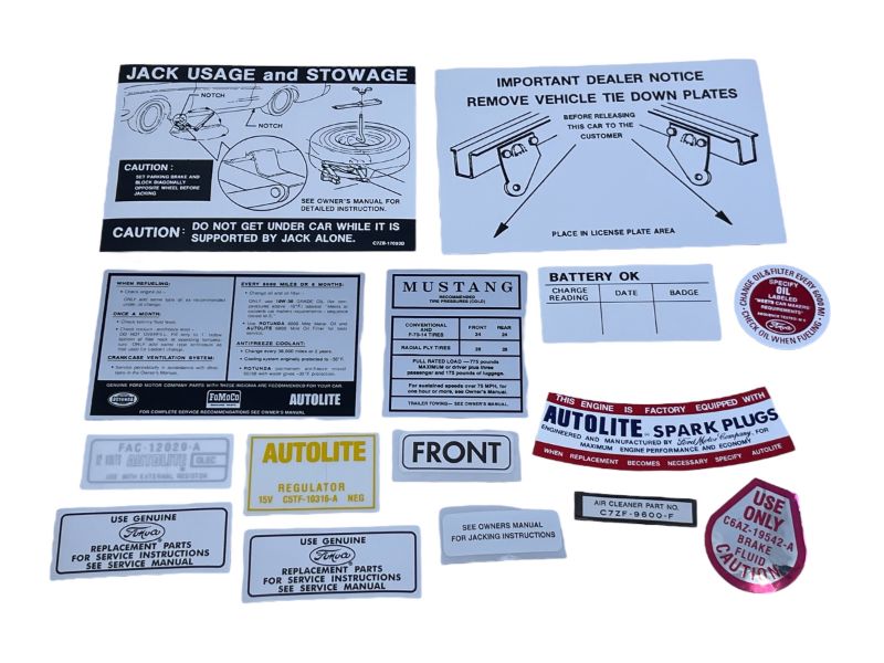 DECAL KIT - 67 MUSTANG 14 pieces, NO AIR CLEANER ENGINE SIZE DECAL