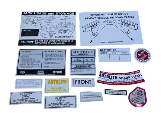 DECAL KIT - 67 MUSTANG 14 pieces, NO AIR CLEANER ENGINE SIZE DECAL