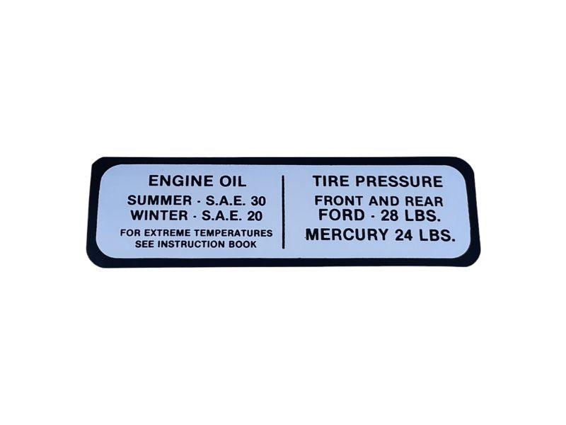 GLOVE BOX TIRE PRESSURE & OIL DECAL - 41 MERCURY