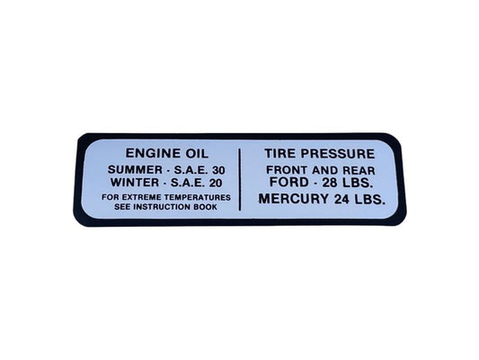 GLOVE BOX TIRE PRESSURE & OIL DECAL - 41 MERCURY