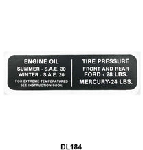 GLOVE BOX TIRE PRESSURE & OIL DECAL - 42 MERCURY