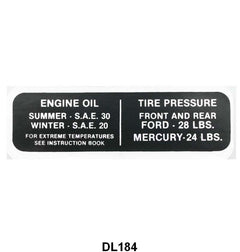 GLOVE BOX TIRE PRESSURE & OIL DECAL - 42 MERCURY