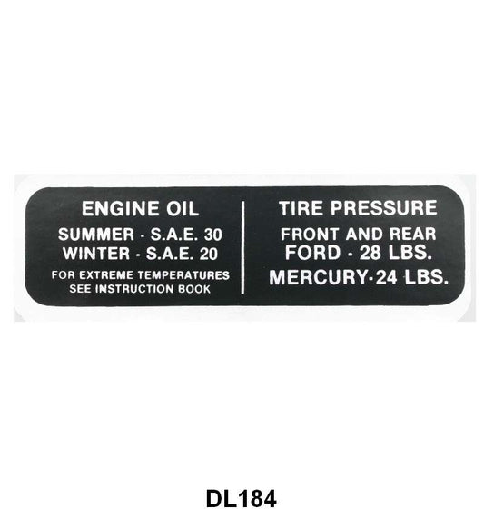 GLOVE BOX TIRE PRESSURE & OIL DECAL - 42 MERCURY