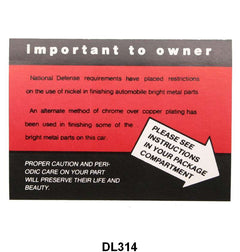 CHROME CARE INSTRUCTION DECAL - 51-52 MERCURY
