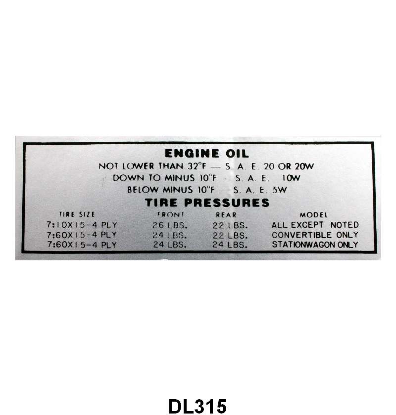 GLOVE BOX TIRE PRESSURE & OIL DECAL - 52-53 MERCURY