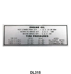 GLOVE BOX TIRE PRESSURE & OIL DECAL - 52-53 MERCURY