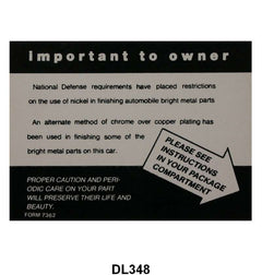 CHROME CARE INSTRUCTION DECAL - 53 MERCURY