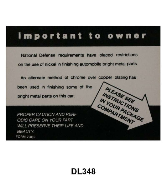 CHROME CARE INSTRUCTION DECAL - 53 MERCURY