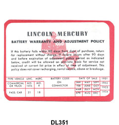 BATTERY WARRANTY CERTIFICATE - 51-53 MERCURY