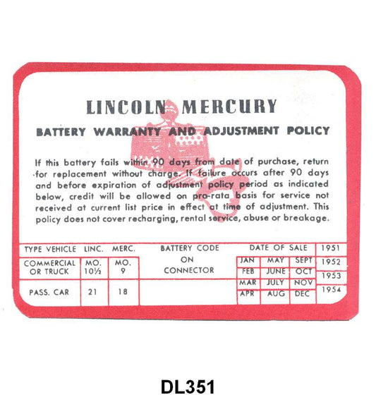 BATTERY WARRANTY CERTIFICATE - 51-53 MERCURY