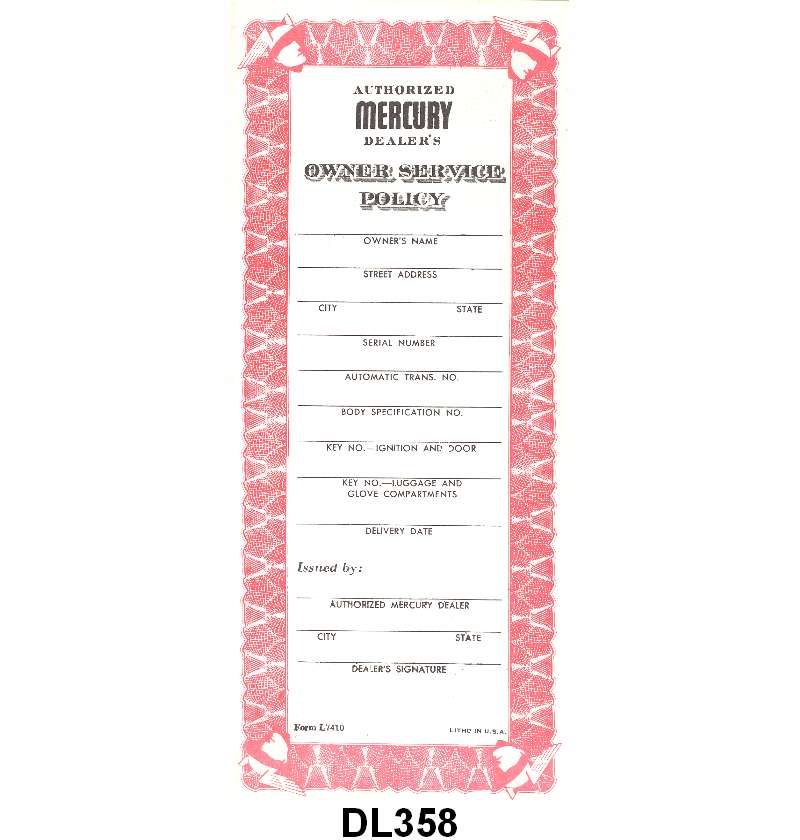 SERVICE POLICY - 53-54 MERCURY