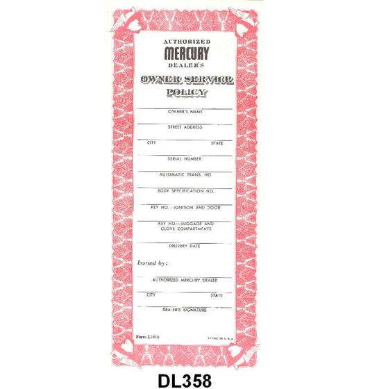 SERVICE POLICY - 53-54 MERCURY