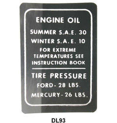 GLOVE BOX TIRE PRESSURE & OIL DECAL - 46-48 MERCURY