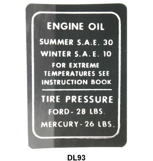 GLOVE BOX TIRE PRESSURE & OIL DECAL - 46-48 MERCURY