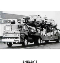 BLACK AND WHITE PICTURE - CAR HAULER WITH 65 SHELBY GT-350S