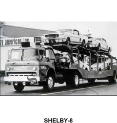 BLACK AND WHITE PICTURE - CAR HAULER WITH 65 SHELBY GT-350S