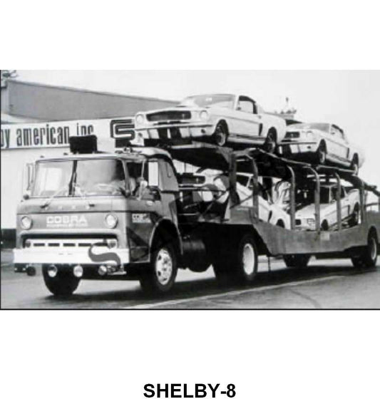 BLACK AND WHITE PICTURE - CAR HAULER WITH 65 SHELBY GT-350S